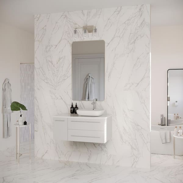 Lucera 36 in. Single Sink Wall Mount White Bath Vanity with White Quartz Top and Vessel Sink - Right Version
