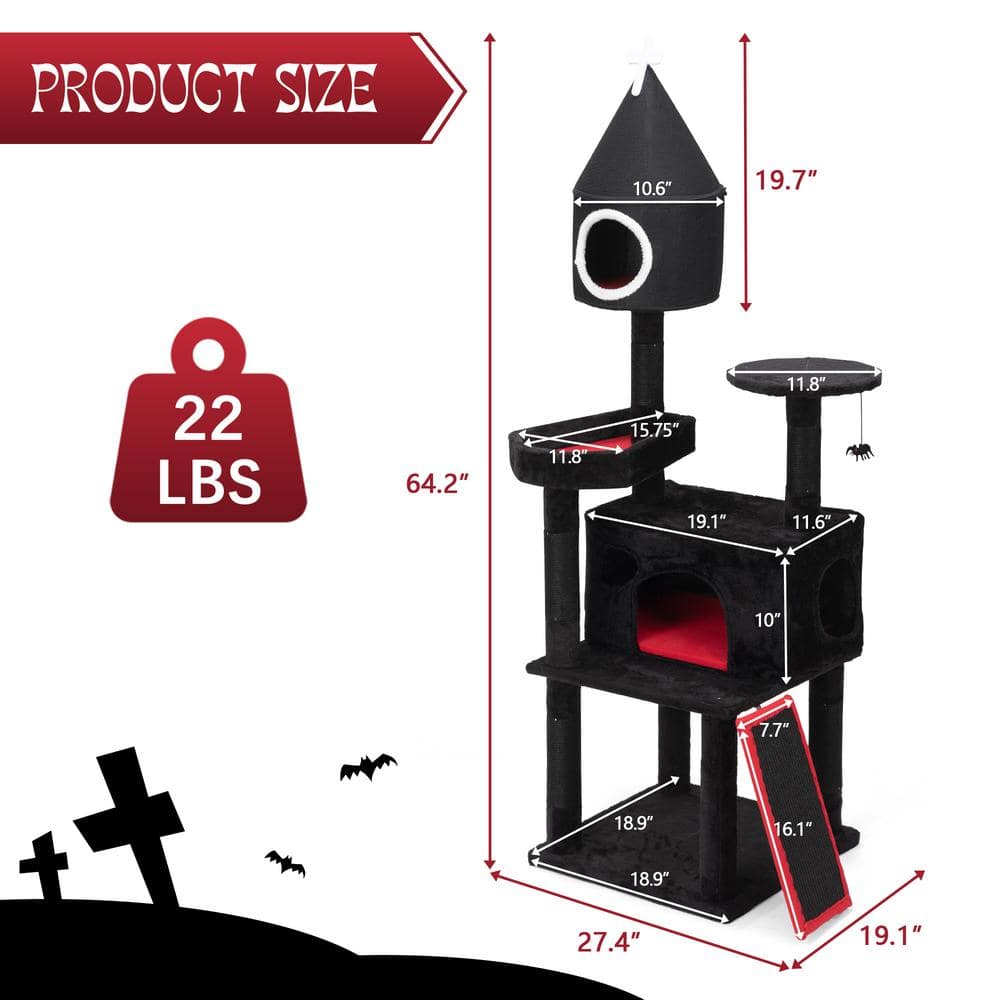 64-Inch Gothic Black and Red Cat Tree Tower with Sisal Scratching Post