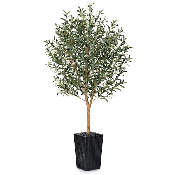DR.Planzen 6 ft. Artificial Olive Tree Indoor/Outdoor Black Planter - Real Wood Trunk,Faux Plants for Home Office Decor Living Room