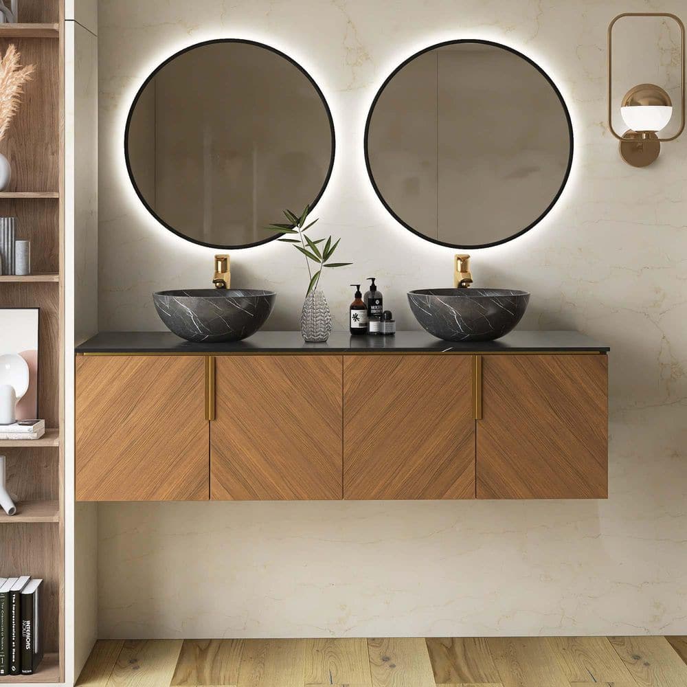 Yingze 60 in. Wall-Mounted Double Sink Brown Oak Bath Vanity with Black ...