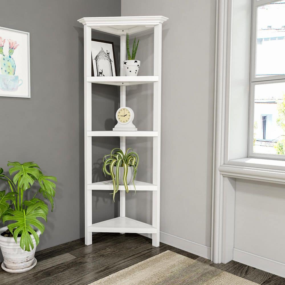 Edenton 60 in. White Wood 4-Shelf Corner Bookcase with Open Back