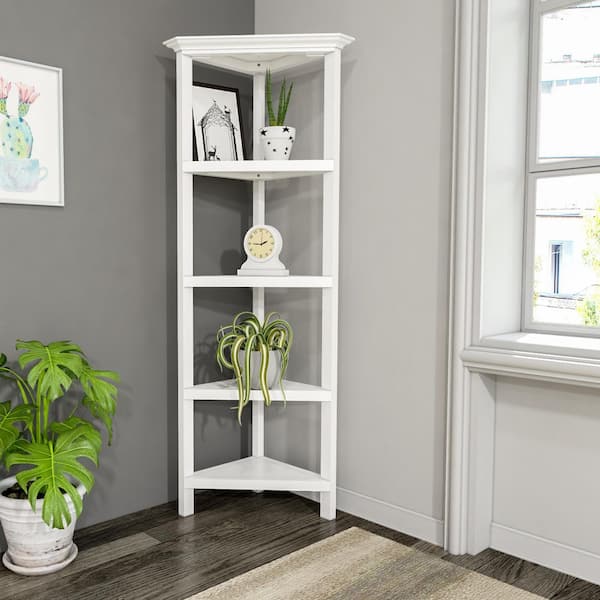 Edenton 60 in. White Wood 4-Shelf Corner Bookcase with Open Back