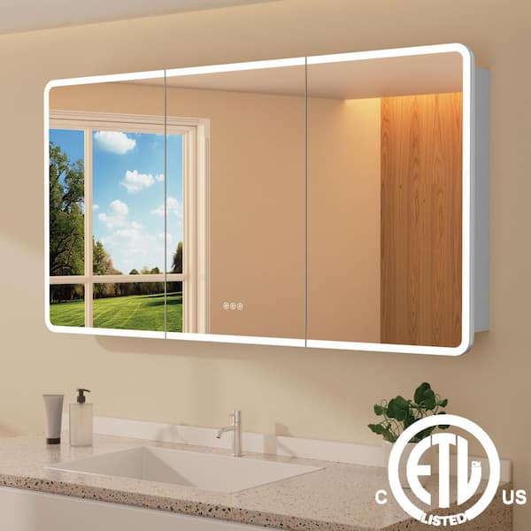 HBEZON Aura 60 in. W x 32 in. H Large Rectangular Aluminum Recessed/Surface Mount Dimmable Medicine Cabinet with Mirror