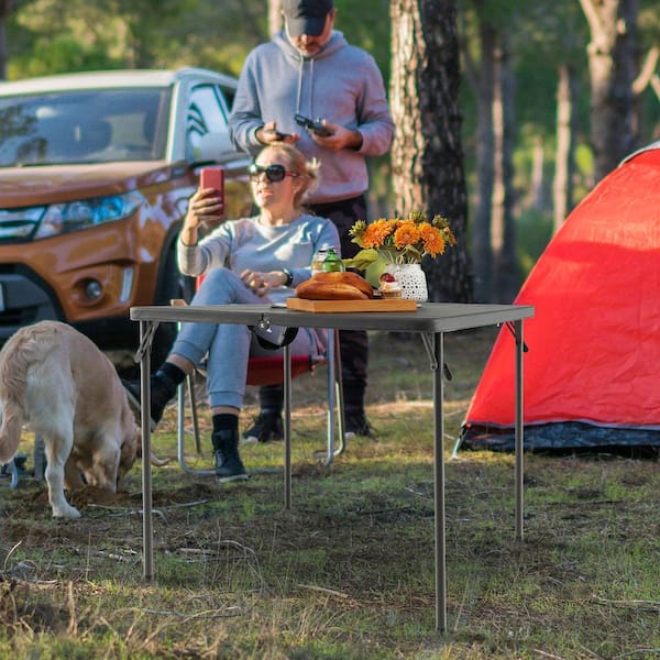 Grey Square Metal Folding Outdoor Picnic Dining Table HDPE Camping Table Portable with Handle