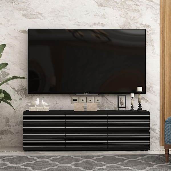 FUFU&GAGA Black Wooden TV Stand, Entertainment Center Fits TV's up to 65 in. with 6 Drawers