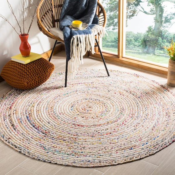 Cape Cod Beige/Multi 9 ft. x 9 ft. Striped Border Round Area Rug