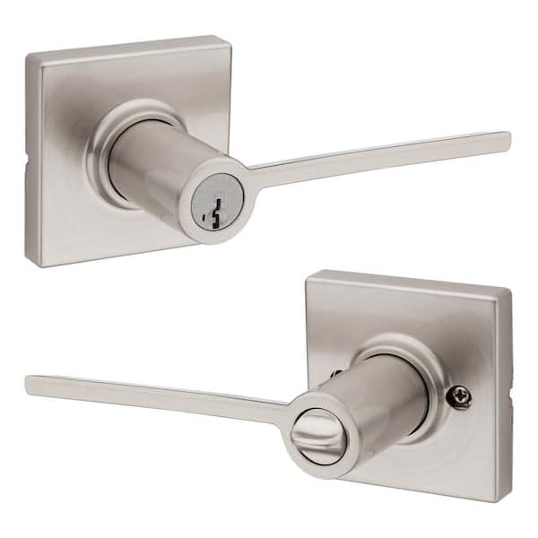Kwikset Ladera Satin Nickel Exterior Entry Door Handle with Square Trim featuring SmartKey Security