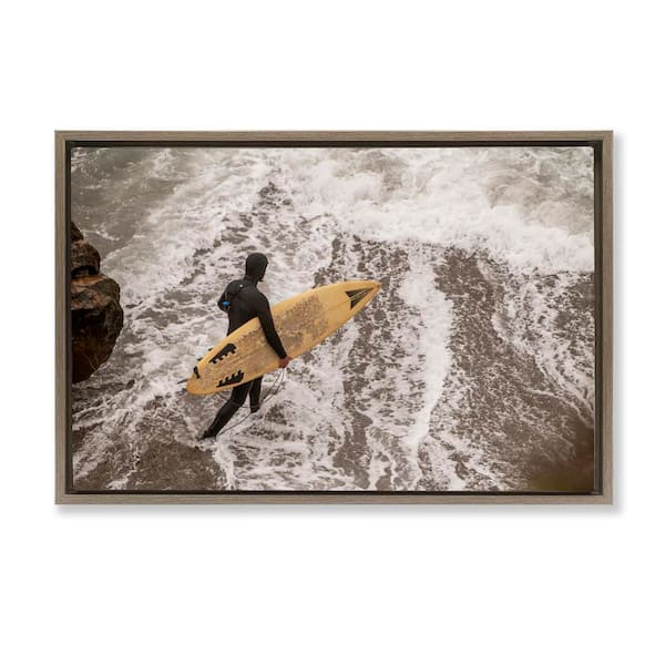 Stupell Industries Surfer Strolling Shore by Crystal Lynn Collins Brown Floater Frame People Graphic Art Print 17 in. x 25 in.