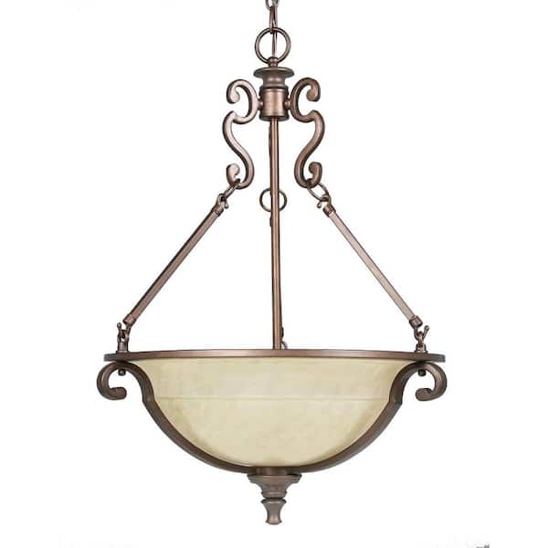 Home Decorators Collection Fairview 3-Light Heritage Bronze Bowl Pendant with Water Patterned Glass Shade