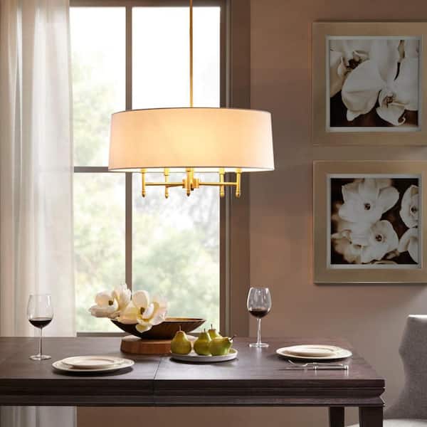 62 in. Gold 5-Light White Tapered Fabric Drum Shade Chandelier with Adjustable Height for Living Room and Dining Room