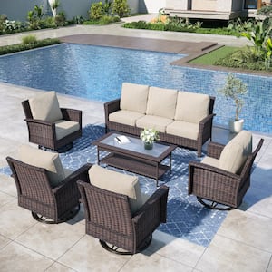 Black 6-Pieces Metal Patio Conversation Sectional Seating Set with Swivel Sofa Chairs, Glass Top Table and Beige Cushion