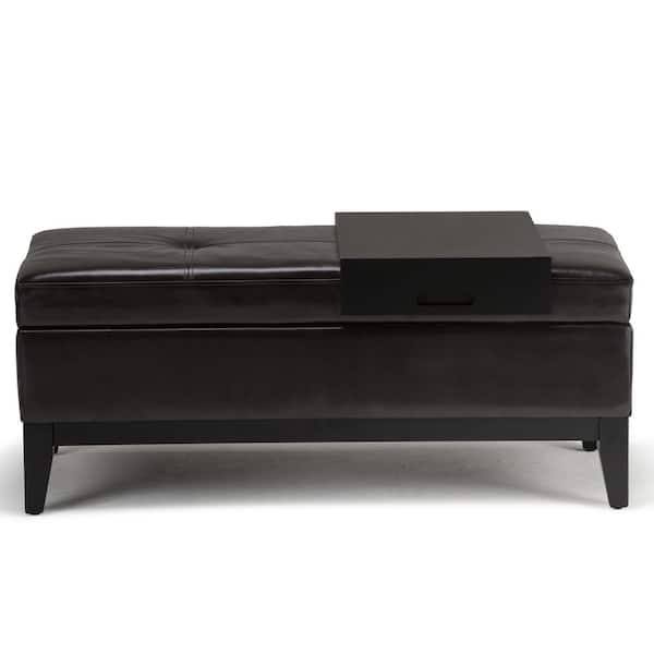 Simpli Home Oregon Faux Leather Storage Ottoman Bench with Tray in Tanners Brown