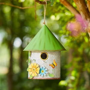 11 in.H Stylish Distressed Metal Cottage Garden Birdhouse with a Cluster of 3D Flowers and Butterfly