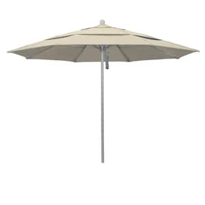 11 ft. Gray Woodgrain Aluminum Commercial Market Patio Umbrella Fiberglass Ribs Pulley Lift in Antique Beige Sunbrella