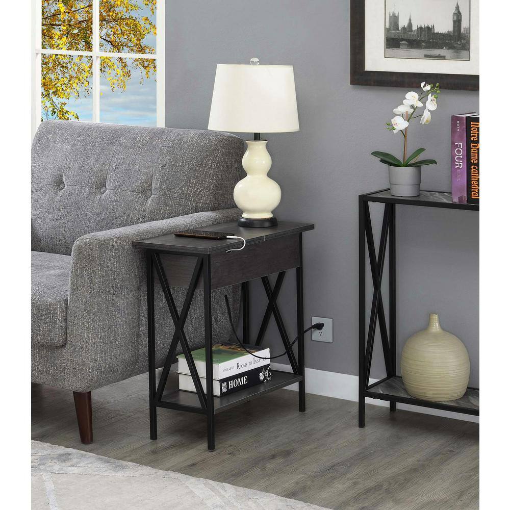 Charcoal Gray Wood and Black Metal End Table with Charging Station