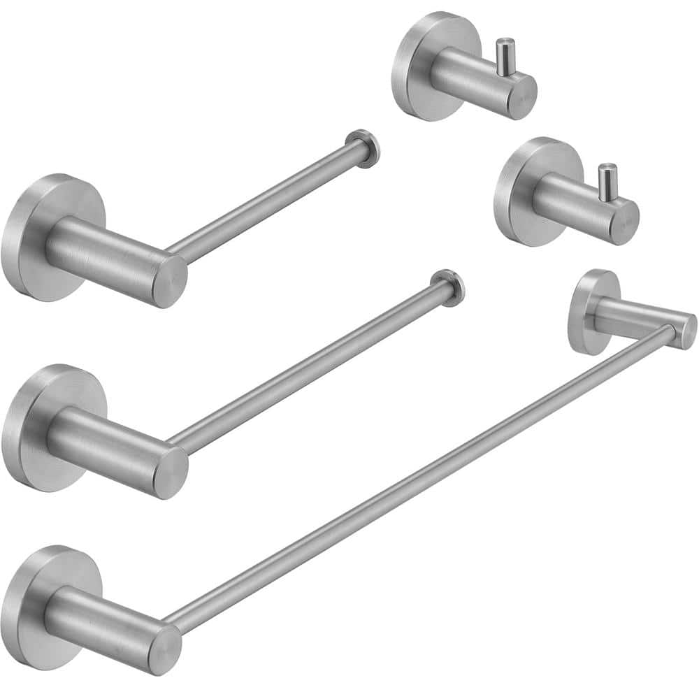 Bathroom Hardware Set 5-Piece Bath Hardware Set with Towel Bar, Robe Hook, Toilet Paper Holder in Brushed Nickel -  HOMEMYSTIQUE, NBHS135N