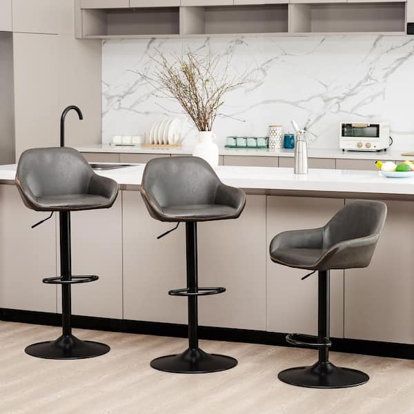 Glitzhome 42.5 in. H Mid-Century Modern Gray Leatherette Gaslift Adjustable Swivel Bar Stool with Metal Frame (Set of 3)