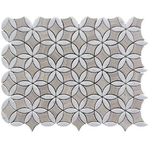 Gray and Beige 11.7 in. x 15.2 in. Wooden Flower Polished Marble Mosaic Tile (6.18 sq. ft./Case)