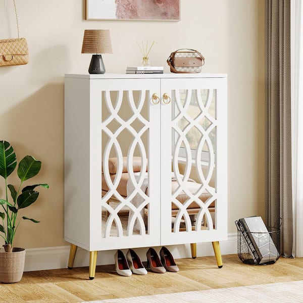 29 in. W x 39 in. H White Wood Shoe Storage Cabinet with Doors, 5-Tier Mirrored Shoe Organizer for Entryway Bedroom