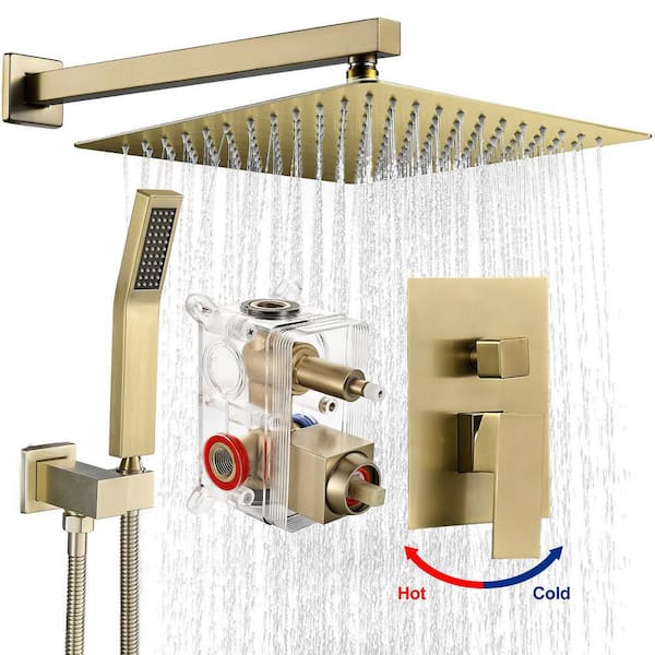 Zalerock Rainfull Single-Handle 1-Spray Square Shower Faucet with 12 in. shower head in Brushed Gold Valve Included