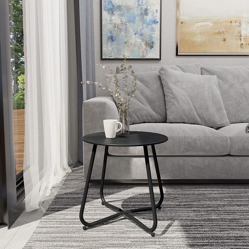 Black Round Steel Patio Side Table with Adjustable Feet