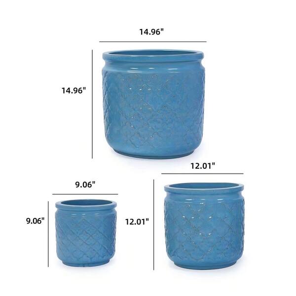 GOGEXX Set of 3 Handmade 9/12/15 in. H Blue Ceramic Flower Pots