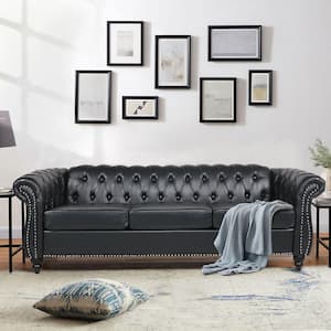 84 in. Rolled Arm 3-Seater Nailhead Trim Sofa in Black