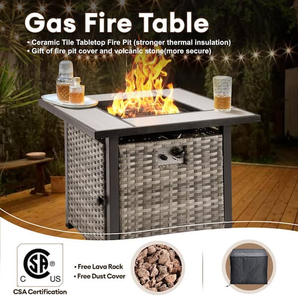 XIZZI - Michigan 6-Piece Wicker Outdoor Patio Fire Pit Seating Sofa Set and with Denim Blue Cushions and Swivel Rocking Chairs