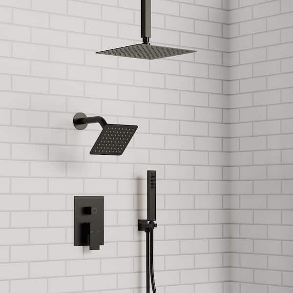 10 and 6 in. Dual Square Shower Heads Double Handle 3-Spray Tub and Shower Faucet 2.5 GPM in. Matte Black Valve Included