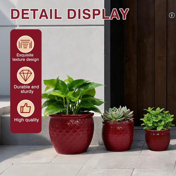 Set of 3 13 in. Round Bean Paste Red Ceramic Flower Pot with Drainage-Frost Resistant Planter for Indoor Outdoor