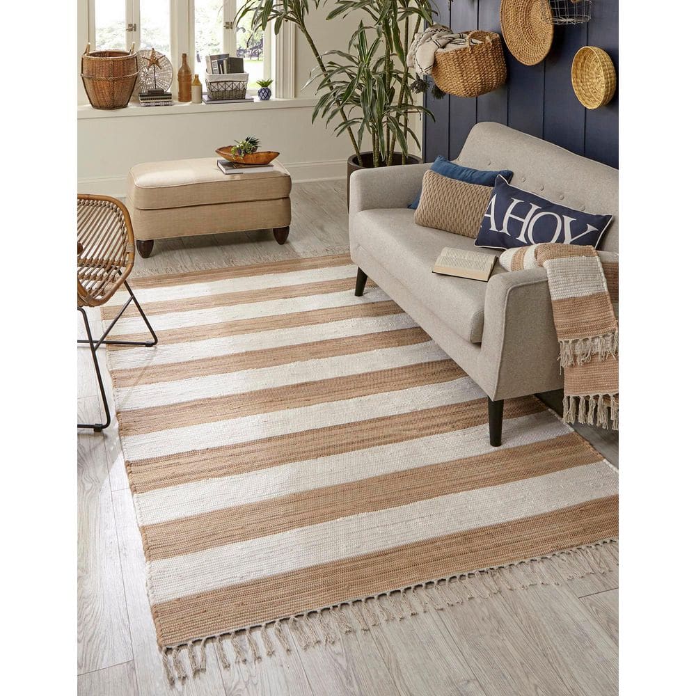 Beige and Ivory Striped Cotton Fringe Accent Rug 2' x 3'