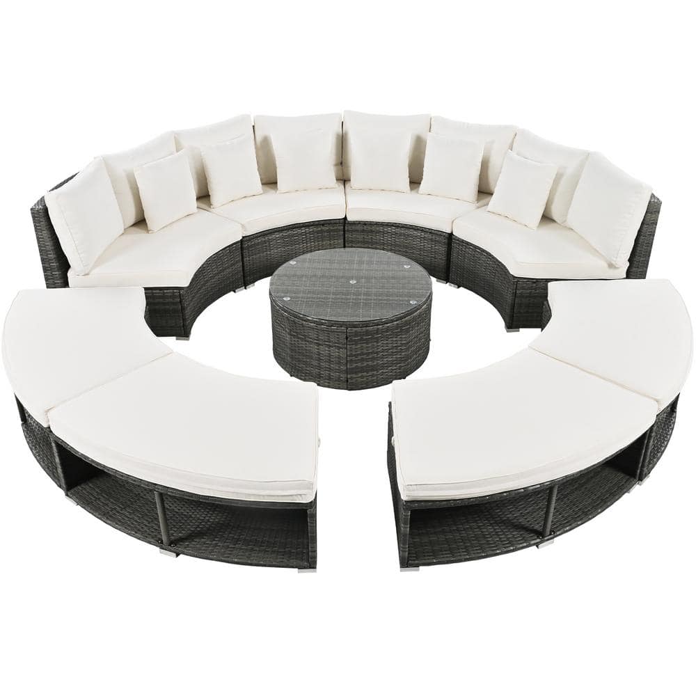 9-Piece Wicker Outdoor Sectional Sofa Lounge Set with Tempered Glass Coffee