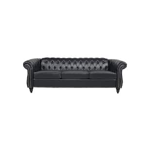 84 in. Square Arm Faux Leather Rolled Arm Chesterfield 3-Seater Luxury Straight Sofa in Black (3-Seat)
