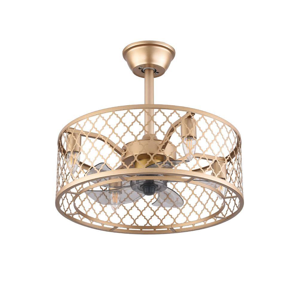 20-Inch Gold Metal Caged Ceiling Fan with Remote and Lighting