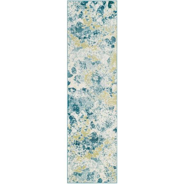 Watercolor 2 ft. x 10 ft. Ivory/Light Blue Abstract Watercolor Runner Rug