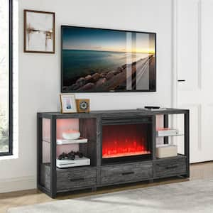 60 in. Freestanding Wooden Electric Fireplace Media TV Stand with Colorful LED Lights in Dark Rustic Oak