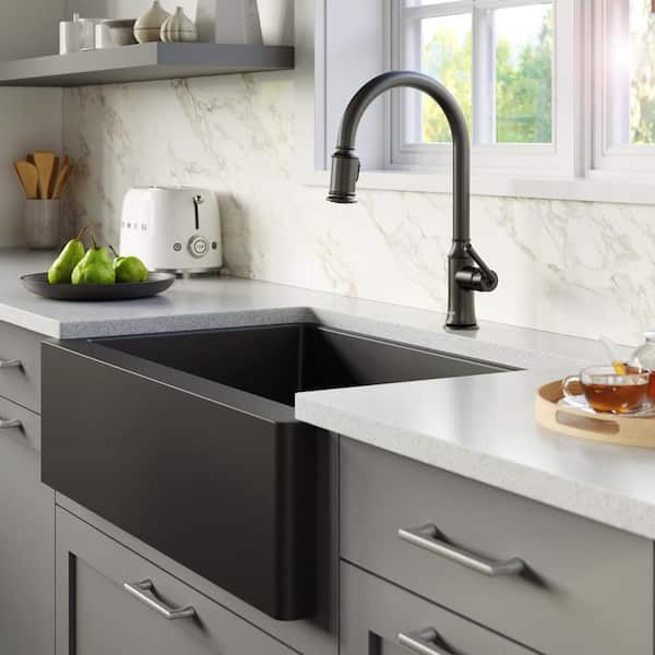 Farmhouse/Apron-Front Quartz Composite 34 in. Single Bowl Kitchen Sink in Black