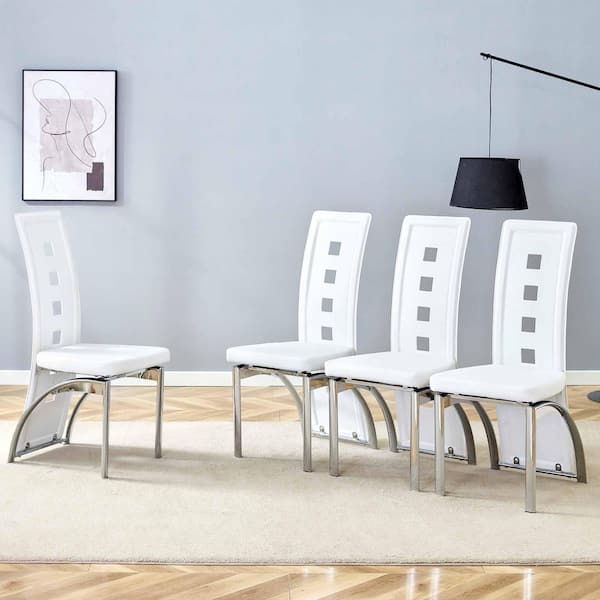 White/Silver PU Leather Metal Frame Dining Chairs Set of 4