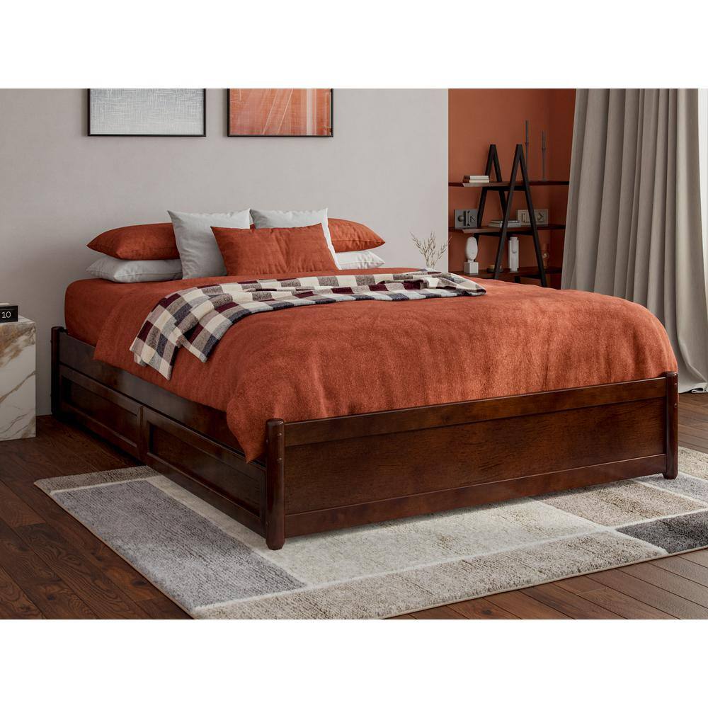 Barcelona Walnut Full Wood Panel Platform Bed with Storage Drawers