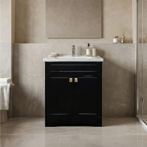 24 in. W x 22 in. D x 33 in. H Trenta Vanity in Black with White Ceramic Vanity Top