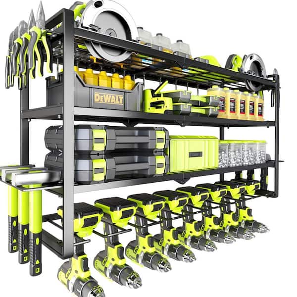 Large Power Tool Organizer 31.5 in. Black Metal Heavy Duty 8-Drill Holder 4-Tier Wall Rack with Screwdriver Holder