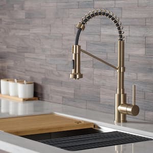 Single Handle 18-Inch Commercial Pull Down Kitchen Faucet with Dual Function Sprayhead in Brushed Gold
