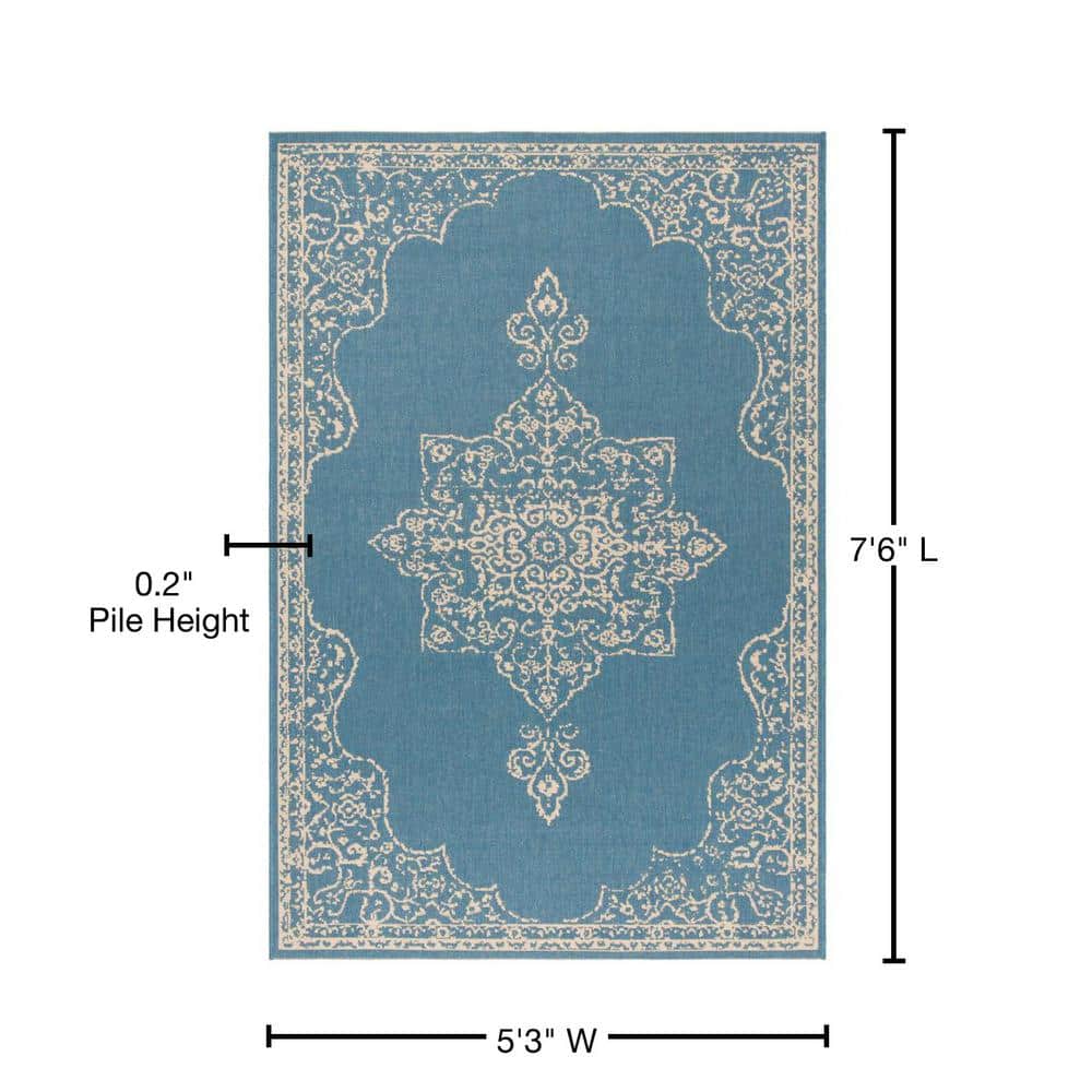 Cream and Blue Rectangular Stain-Resistant Outdoor Rug