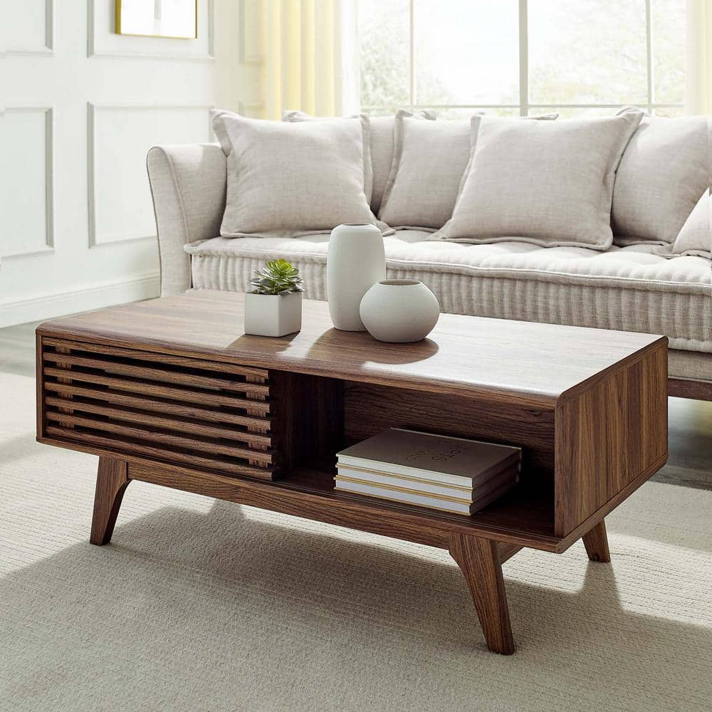 Mid-Century Modern Walnut Grain Laminate Coffee Table, 43 in