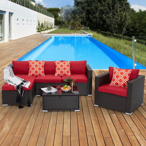 Zeus & Ruta 4-Piece Conversation Set with Coffee Table, Wicker Rattan Outdoor Modular Sofa with Burgundy Cushions and Pillows