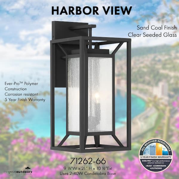 Harbor View 2-Light Sand Black Outdoor Wall Lantern Sconce with Clear Seeded Glass