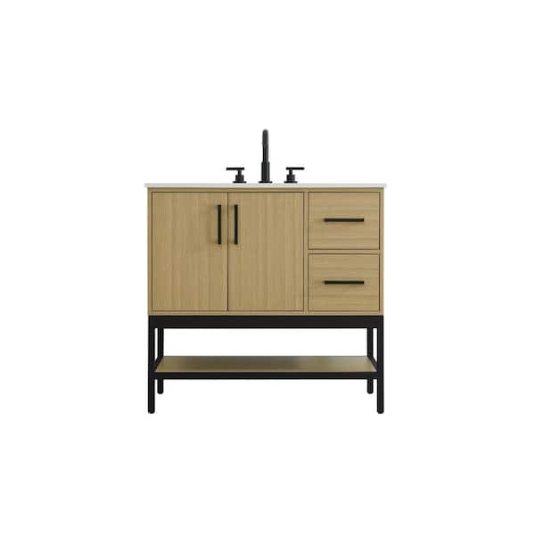 36 in. Single Sink Honey Brown Bath Vanity with White Engineered Marble Top