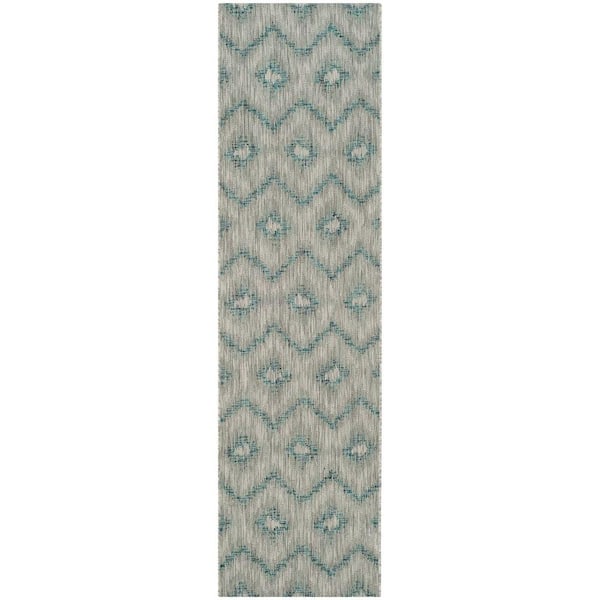 Courtyard Gray/Blue 2 ft. x 12 ft. Geometric Indoor/Outdoor Patio  Runner Rug