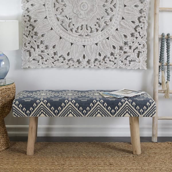 Litton Lane Blue Moroccan Bench with Wood Legs 20 in. X 48 in. X 18 in.