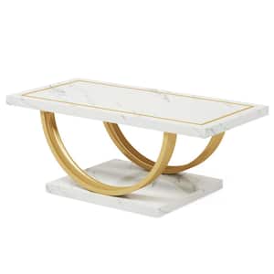 Kerlin 47 in. White and Gold Rectangle Faux Marble Coffee Table Modern Coffee Table with U-Shaped Metal Frame
